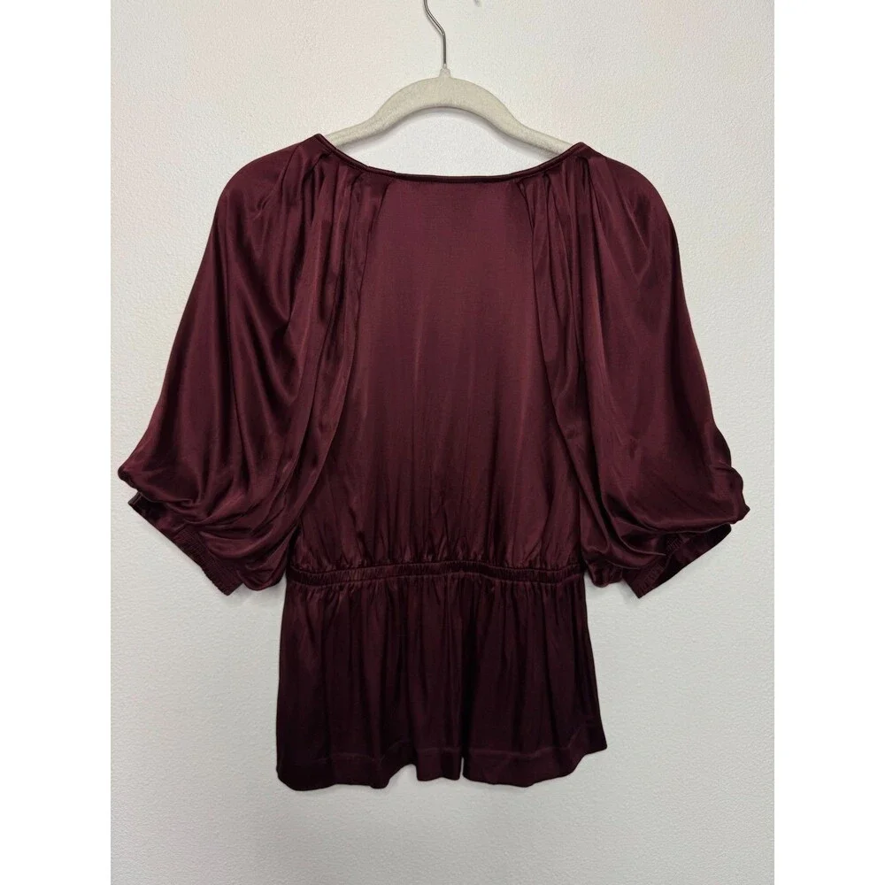 Madewell Medium Shirred Puff Sleeve Top Satin Cabernet V-Neck Empire Waist NWT